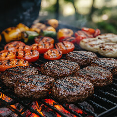 Barbecue grill with sizzling meats, vegetables, and wooden patio setting - Outdoor cooking event