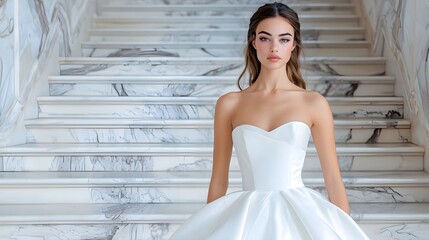 Elegant Bride in White Gown on Marble Staircase Background