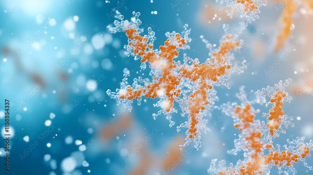 Poster colorful microscopic structures with a blurred blue background and sparkling effects