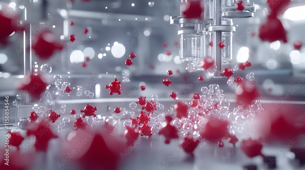 Poster Abstract representation of molecular structures with red and clear elements in a futuristic setting