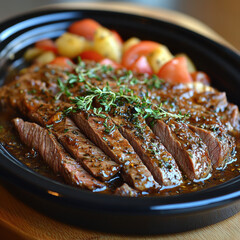Steak Dish with Dark Sauce and Herbs, Boiled Potatoes, and Red Peppers on Neutral Background for Food Presentation