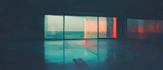 Digital glitch effect creates a surreal ambiance in a hyper-realistic space