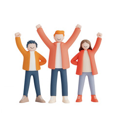 Fototapeta premium Three animated characters celebrating with raised hands, expressing joy and enthusiasm., isolated on a transparent background.