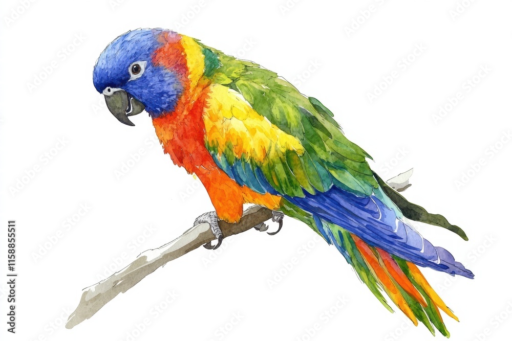 Aufkleber Bright parrot illustrated on a branch with ample copy space for text in a vibrant and colorful style. Generative AI