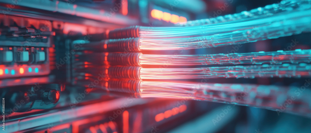 Poster glowing fiber optic cables with vivid colors and soft lighting in a hyper-realistic style