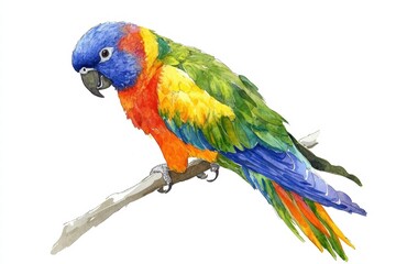 Obraz premium Bright parrot illustrated on a branch with ample copy space for text in a vibrant and colorful style. Generative AI