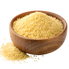 Uncooked Dried Couscous in Wooden Bowl Isolated on Transparent Background PNG PSD  
