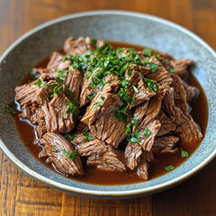 Beef Stew with Parsley Garnish on Rustic Wood Table, Soft Natural Lighting