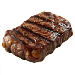 Large, Generously Seasoned Steak on White Background, Showcasing Browned Exterior and Red Center, Served on Toasted Bread