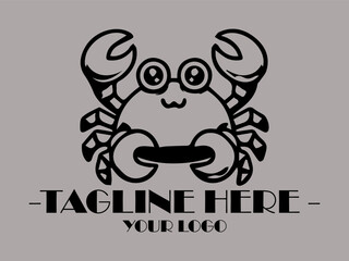 Happy crab with spectacles in black lines, suitable for childrens illustrations, educational materials, and marinethemed designs. Creative and quirky