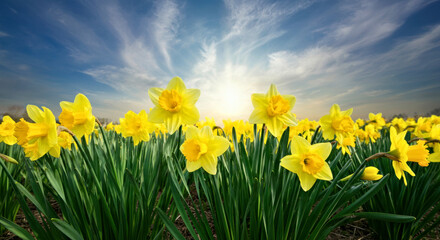 Fototapeta premium Vibrant Field of Yellow Daffodils Under a Stunning Blue Sky at Sunrise