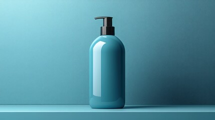 Elegant blue bottle displayed on a minimalist shelf against a textured background for product showcasing