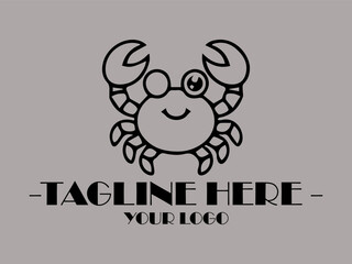 Happy crab with spectacles in black lines, suitable for childrens illustrations, educational materials, and marinethemed designs. Creative and quirky