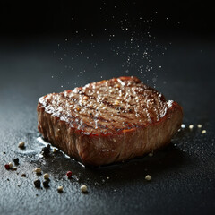 Close-up of Cooked Prime Steak, Green Herbs Bed, Sea Salt Sprinkled, Minimalistic Background - For Food Photography, Culinary Content or Advertisements