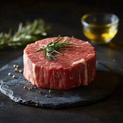 Medium Rare Steak, Golden Brown Crust, Close-Up View, Dark Slate Board, Commercial Food Photography