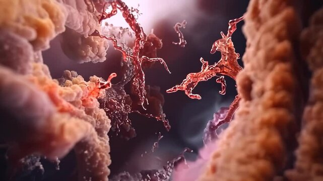 Microcosmic view reveals intricate cellular structures in a vibrant biological environment