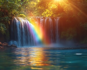 Obraz premium Magical rainbow over serene waterfall in lush forest.