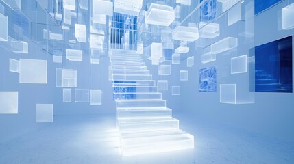 Illuminated staircase in futuristic, glass-cube filled space.