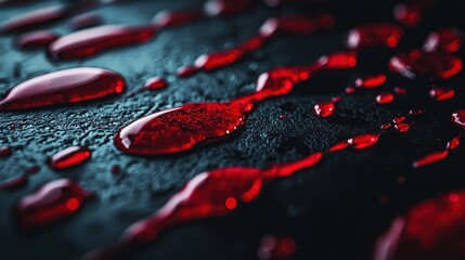 Red liquid splatters on dark surface.