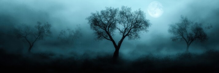 A dark forest with a tree in the middle and a full moon in the background