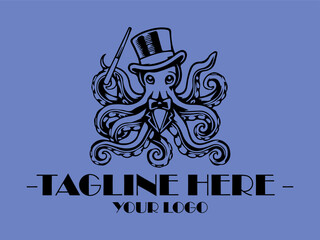 Dapper octopus in top hat with cane octopus as a magician perfect for whimsical designs, childrens book illustrations, vektor and marinethemed projects