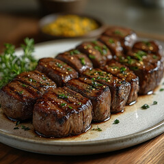 Grilled Steaks Circular Presentation, Fresh Herbs & Sauce, Wood Table Setting, Food Photography
