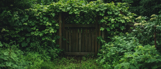 Wooden garden trellis enveloped in lush green vines creating a natural entrance