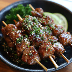 Mouthwatering Kebab Skewers on a Wooden Dining Table in Restaurant Setting, Showcasing Fluffy White Rice and Lime Wedges, for Food and Culinary Travel Photography