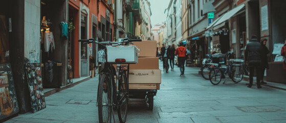 Naklejka premium Cargo bicycle parked on a busy city street surrounded by shops and pedestrians