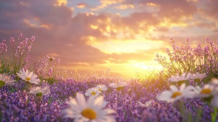 Fototapeta premium Serene sunset over a field of daisies and lavender.