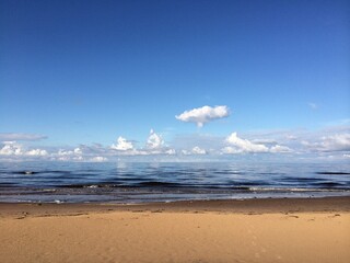 Closeup sea sand beach. Beautiful panoramic landscape. Peace sunrise sky calm tranquil relax panorama summer mood. Positive energy, meditation