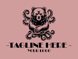 Bear surrounded by octopus tentacles in compass rose design. Perfect for adventurous logo, vektor, tattoo design, or nauticalthemed illustration