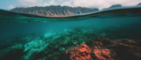 Fototapeta premium Colorful underwater coral reef teeming with marine life in tropical waters