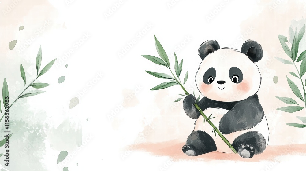 Poster cute panda happily holding bamboo with green leaves in a serene setting perfect for text placement. 