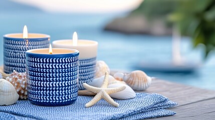 Coastal serenity: candles and seashells by the ocean shoreline