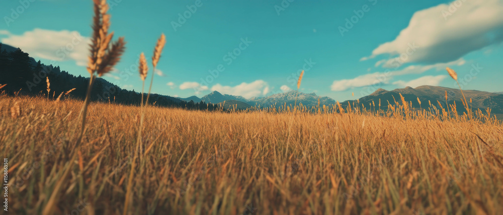 Poster golden wheat fields stretch under a clear blue sky with distant mountains visible
