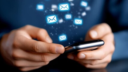 A person interacts with a smartphone by receiving a variety of digital messages represented by animated icons - Powered by Adobe