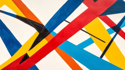 Colorful abstract geometric shapes, vibrant lines and angles, bold red yellow blue and black patterns