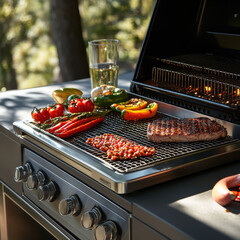 Stainless Steel Barbecue Grill, Meat Skewers, Vegetables, Whole Fish, Condiments, Marinade, Outdoor Dining, Wooded Area, Clear Sky