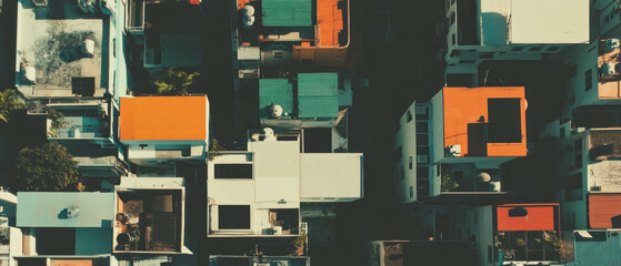 Cinematic aerial view of a dynamic urban landscape with vibrant rooftops and patterns
