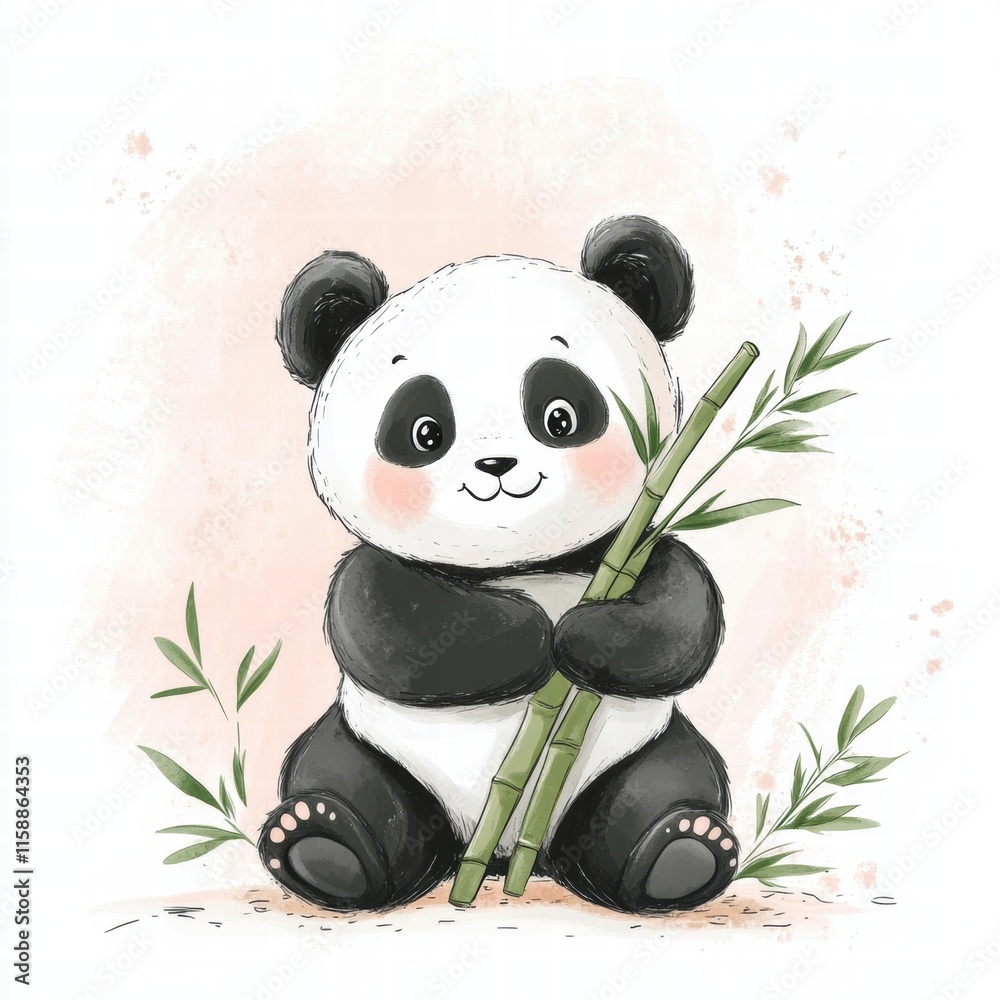 Poster cute panda holding bamboo in a playful pose, minimalistic background with space for text. generative