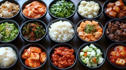 Asian Cuisine Dishes, Food Items in Black Bowls, Neutral Background, for Culinary Stock Photos