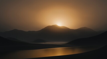 Fototapeta premium Golden sunset over serene mountains and calm lake.