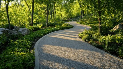 Fototapeta premium Winding garden path through lush green foliage, dappled sunlight.