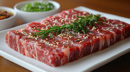 Rare-cooked Sliced Beef, Textured and Juicy, on Wooden Table with Condiments, Gourmet Dining Setting