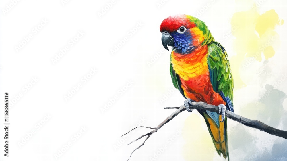 Fototapete bright parrot with vivid colors perched on a branch against a clear background providing ample space