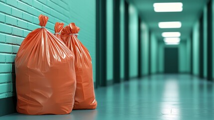 Two bright orange garbage bags are positioned in a clean, teal-colored corridor, reflecting a tidy yet functional environment.