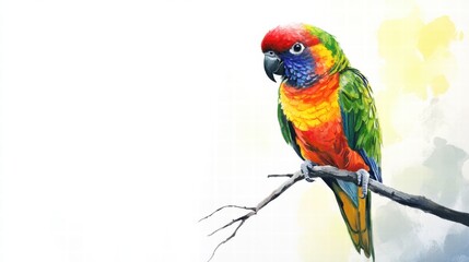 Fototapeta premium Bright parrot with vivid colors perched on a branch against a clear background providing ample space for design elements. Generative AI