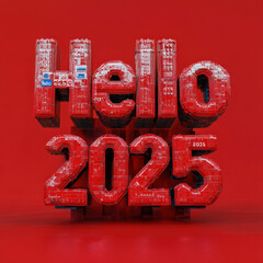 "2025, 3D Text, Red Background, Welcome to the Future" on/in "Graphic Design" for "Greeting Cards, Event Invitations, Digital Displays"