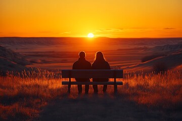 Couple silhouetted on bench watching sunset over prairie.